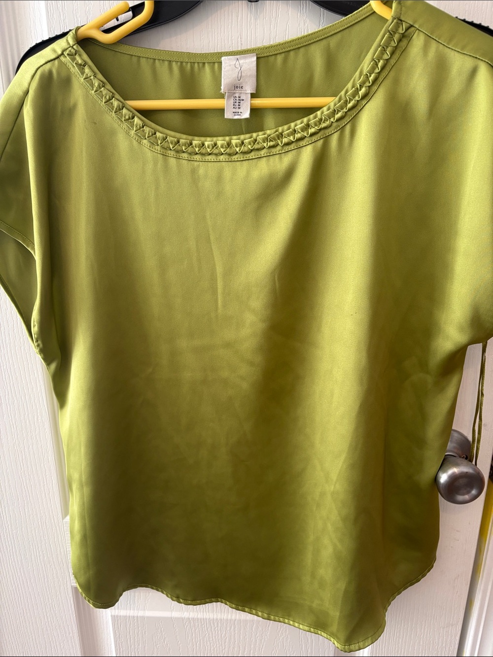 Joie Lime Green Satin Short Sleeve Blouse with Braided Neckline